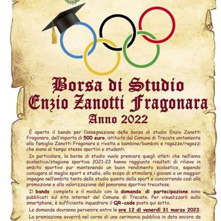 Borsa di studio “Enzio Zanotti Fragonara”: terza edizione dell’iniziativa rivolta a studenti sportivi meritevoli della citta’