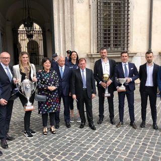 Delegazione della Igor Volley a Palazzo Chigi, il sottosegretario Giorgetti celebra i successi in Europa
