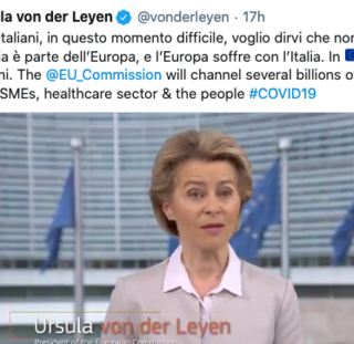 Coronavirus: &quot;Siamo vicini all'Italia, in questo momento in Europa siamo tutti italiani&quot; il messaggio della presidente della Commissione Ue, Ursula von der Leyen