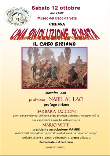 “Una rivoluzione rubata. Il caso siriano”: incontro il 12 ottobre a Cressa “Una rivoluzione rubata. Il caso siriano”: incontro il 12 ottobre a Cressa