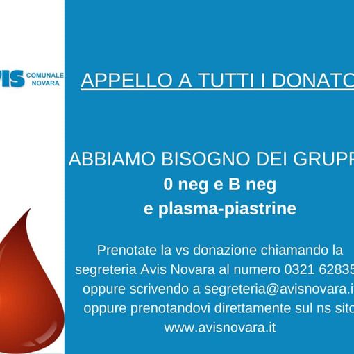 Appello urgente di Avis Novara per sangue di Gruppo 0 Negativo e B Negativo