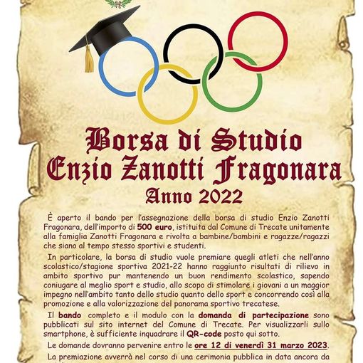 Borsa di studio “Enzio Zanotti Fragonara”: terza edizione dell’iniziativa rivolta a studenti sportivi meritevoli della citta’