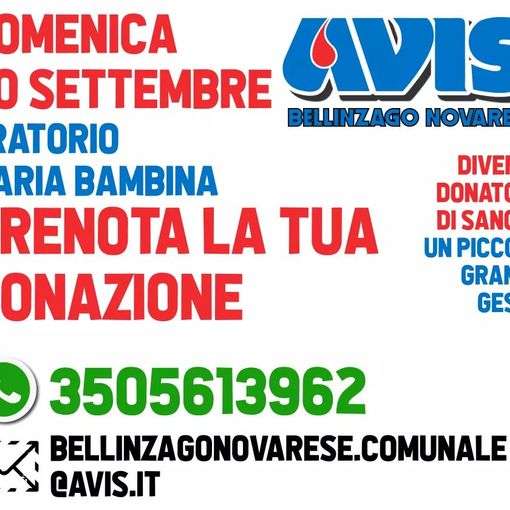 Domenica mattina all’Oratorio Maria Bambina di Bellinzago sarà presente l’emoteca dell’Avis