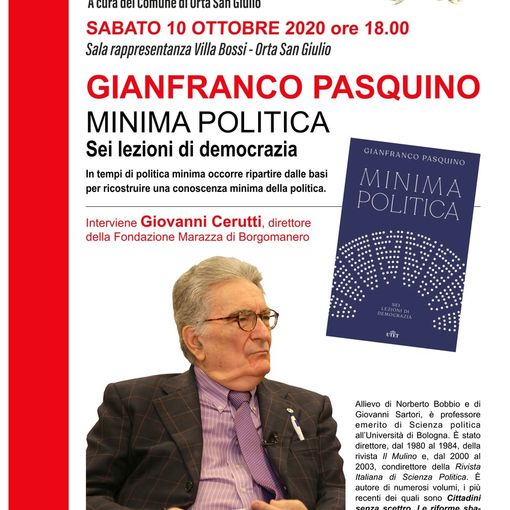 Per ‘Ort'Autori’  a Orta San Giulio sabato  Gianfranco Pasquino presenterà ‘Minima politica. sei lezioni di democrazia’