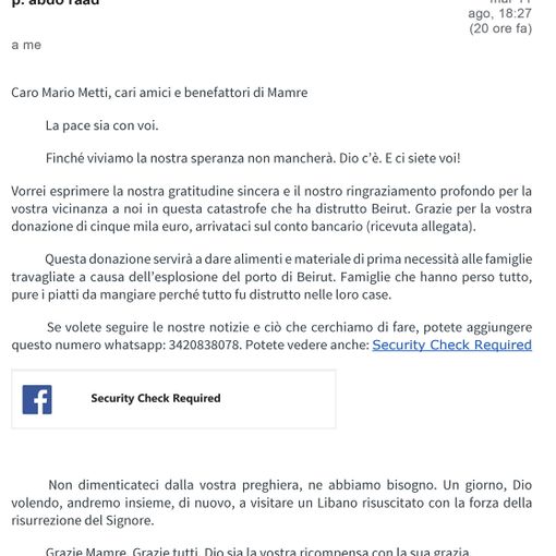 Mamre aiuta il Libano: i ringraziamenti di padre Abdo