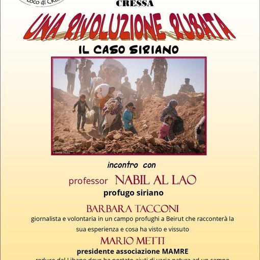 “Una rivoluzione rubata. Il caso siriano”: incontro il 12 ottobre a Cressa