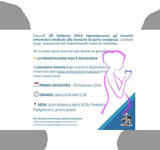 Riprendono gli incontri informativi sulla partoanalgesia al Dipartimento Materno-Infantile