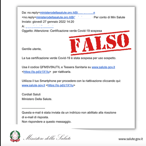 Il ministero: “Attenzione alla truffa delle false mail su scadenza Green pass”