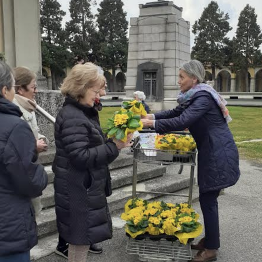 Primule gialle donate alle volontarie della consulta per i servizi cimiteriali e alle donne trecatesi in occasione dell’8 marzo