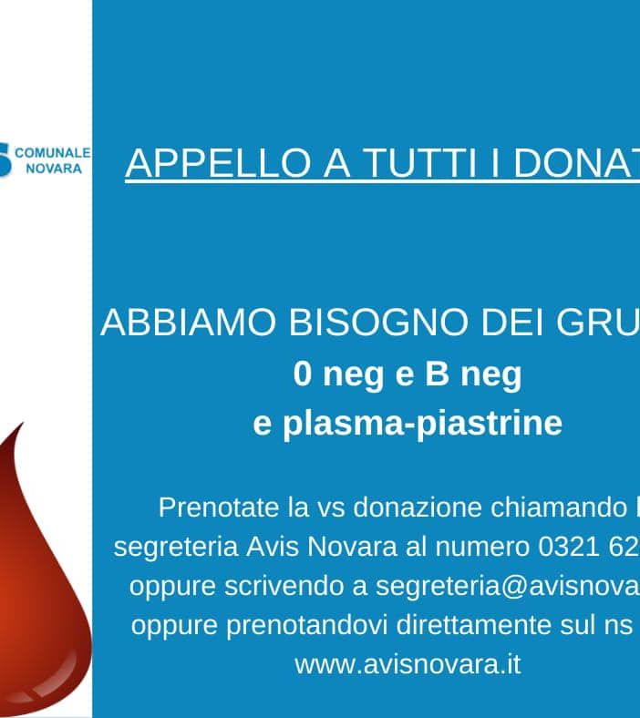 Appello urgente di Avis Novara per sangue di Gruppo 0 Negativo e B Negativo