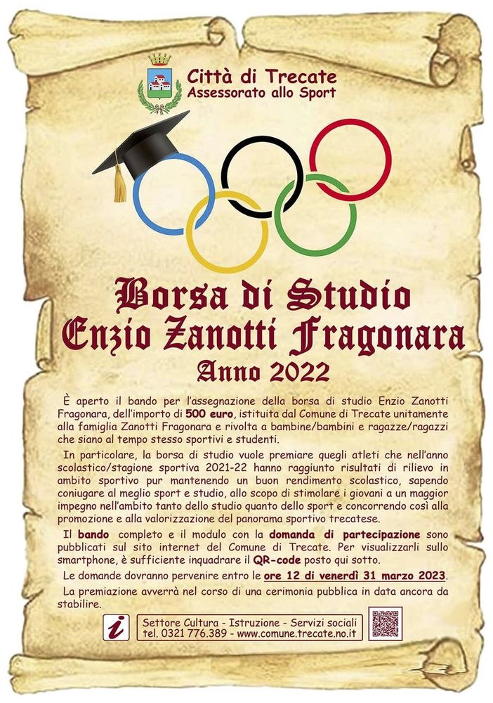 Borsa di studio “Enzio Zanotti Fragonara”: terza edizione dell’iniziativa rivolta a studenti sportivi meritevoli della citta’