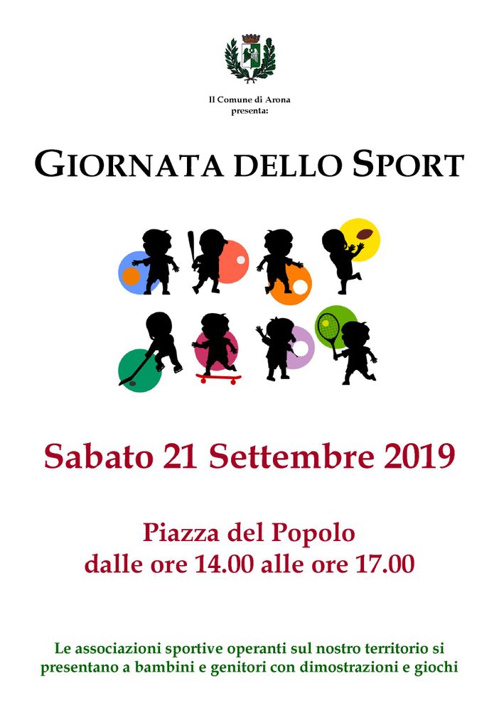 Arona, sabato 21 settembre la Giornata dello Sport