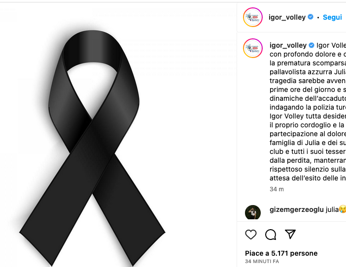 Morte Ituma: Igor Volley, profondo dolore per la tragica scomparsa di Julia