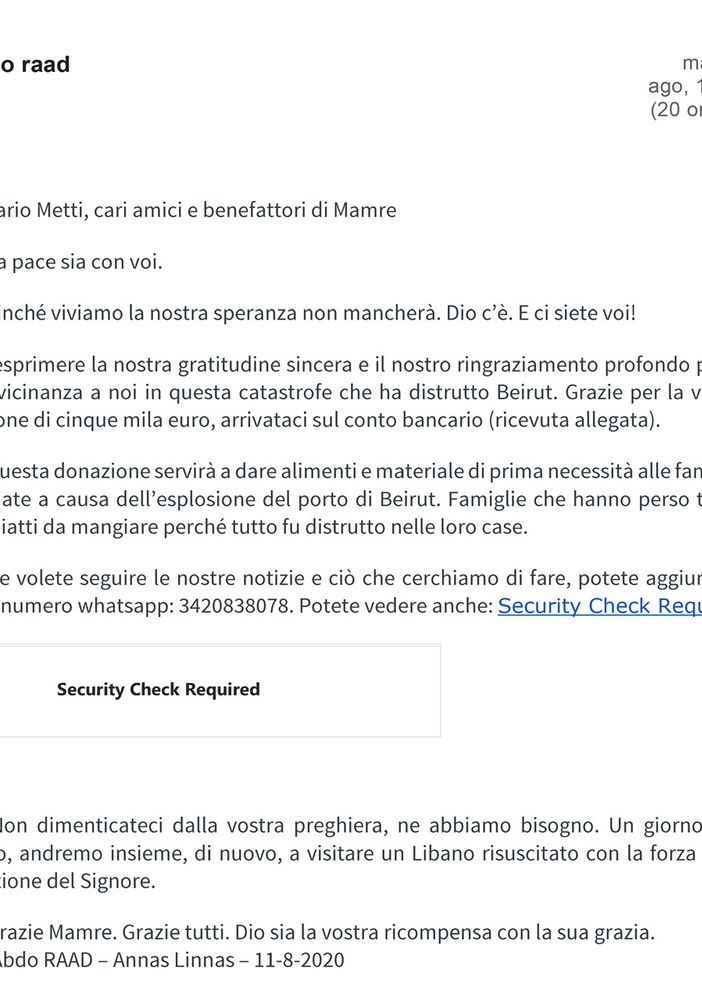 Mamre aiuta il Libano: i ringraziamenti di padre Abdo