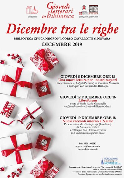 ‘Dicembre fra le righe’, partono giovedì gli incontri alla Biblioteca Negroni