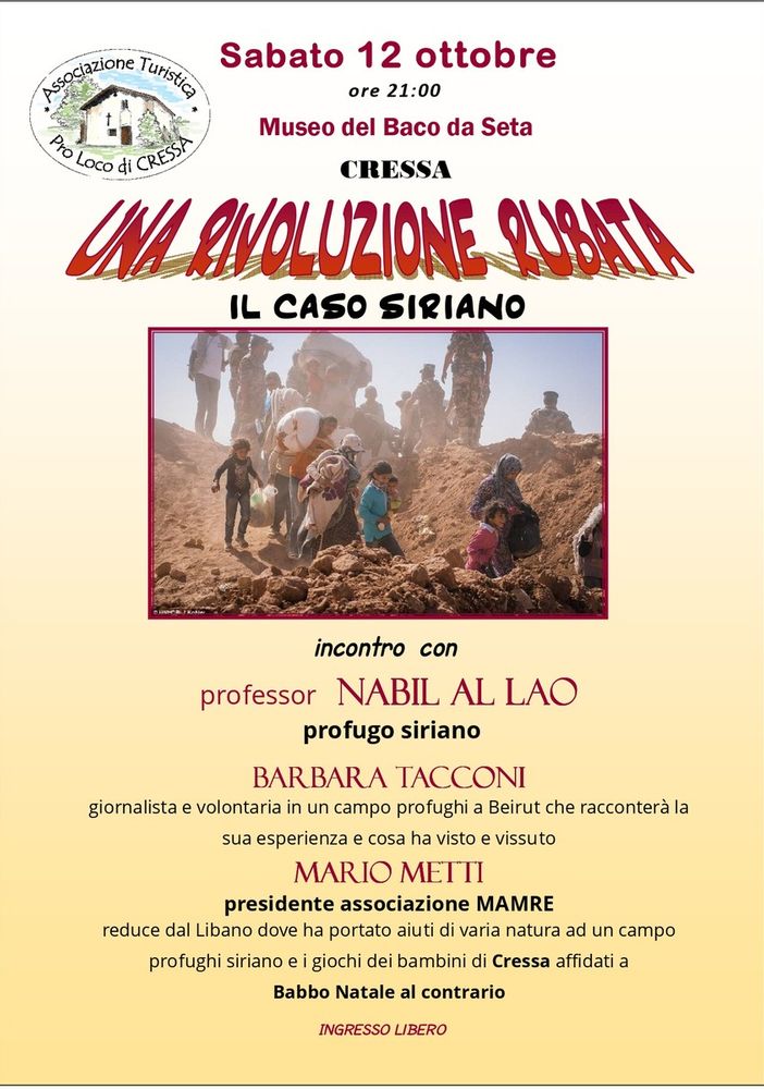 “Una rivoluzione rubata. Il caso siriano”: incontro il 12 ottobre a Cressa