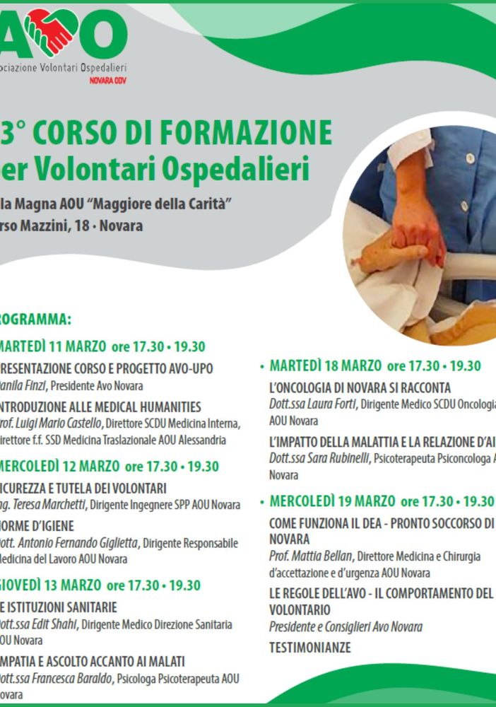 Formazione e impegno: al via il 43° corso per volontari ospedalieri a Novara