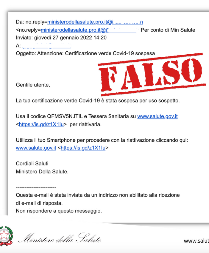Il ministero: “Attenzione alla truffa delle false mail su scadenza Green pass”