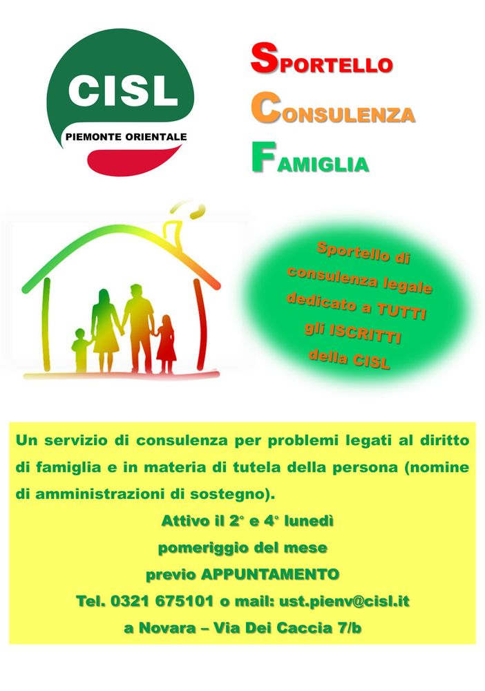 La Cisl apre il nuovo sportello di consulenza legale per la tutela della famiglia e della persona