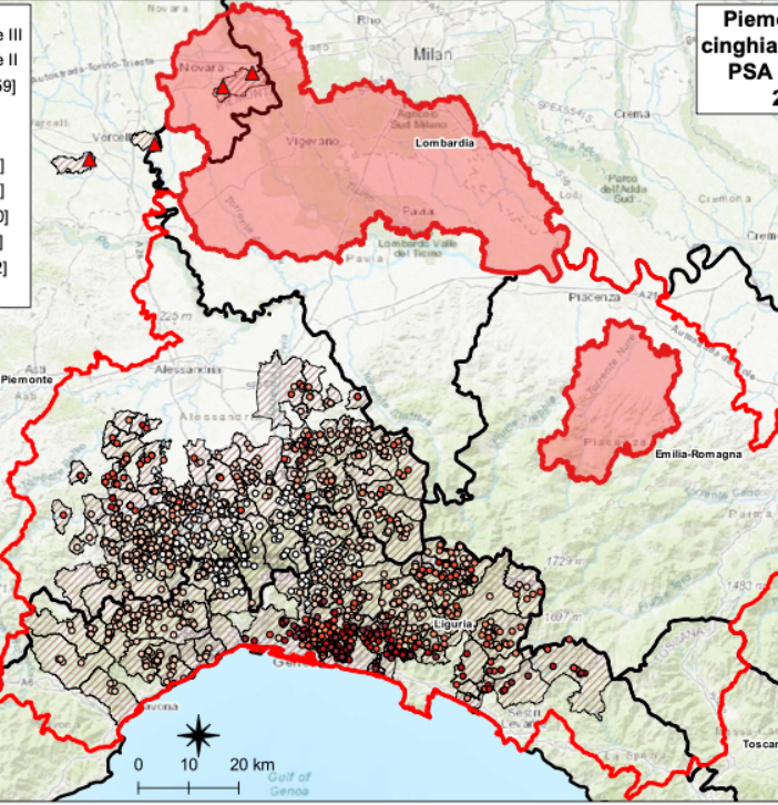 La mappa dei casi di positività riscontrati dall'Istituto Zooprofilattico del Piemonte aggiornata allo scorso 25 agosto