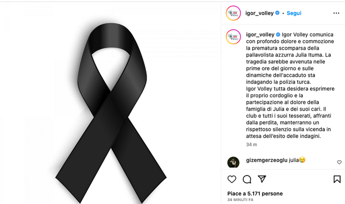 Morte Ituma: Igor Volley, profondo dolore per la tragica scomparsa di Julia Morte Ituma: Igor Volley, profondo dolore per la tragica scomparsa di Julia