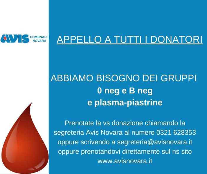 Appello urgente di Avis Novara per sangue di Gruppo 0 Negativo e B Negativo Appello urgente di Avis Novara per sangue di Gruppo 0 Negativo e B Negativo