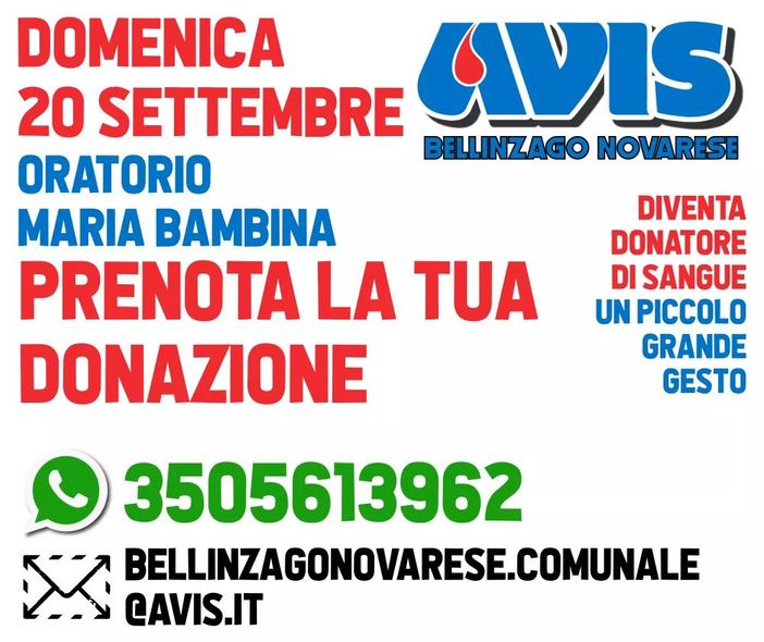 Domenica mattina all’Oratorio Maria Bambina di Bellinzago sarà presente l’emoteca dell’Avis