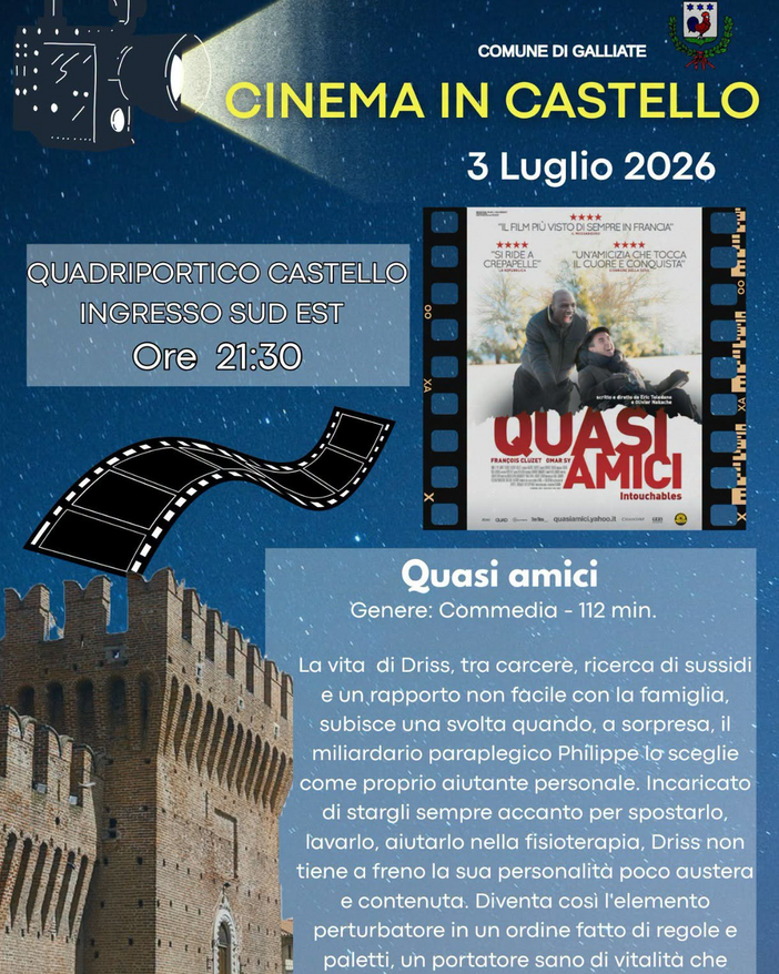 "Cinema in Castello": domani sera a Galliate il film "Quasi amici" "Cinema in Castello": domani sera a Galliate il film "Quasi amici"
