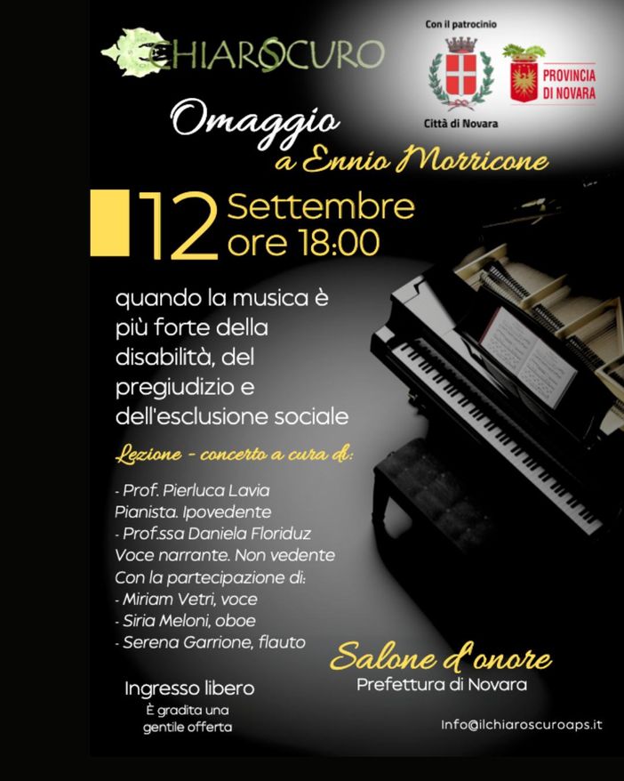 «Omaggio a Ennio Morricone», concerto-lettura alla Prefettura di Novara con artisti non vedenti e giovani talenti