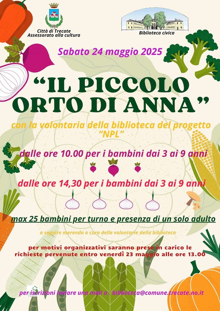 “Il piccolo orto di Anna”: laboratorio ludico-creativo per bambini alla Biblioteca Civica di Trecate “Il piccolo orto di Anna”: laboratorio ludico-creativo per bambini alla Biblioteca Civica di Trecate