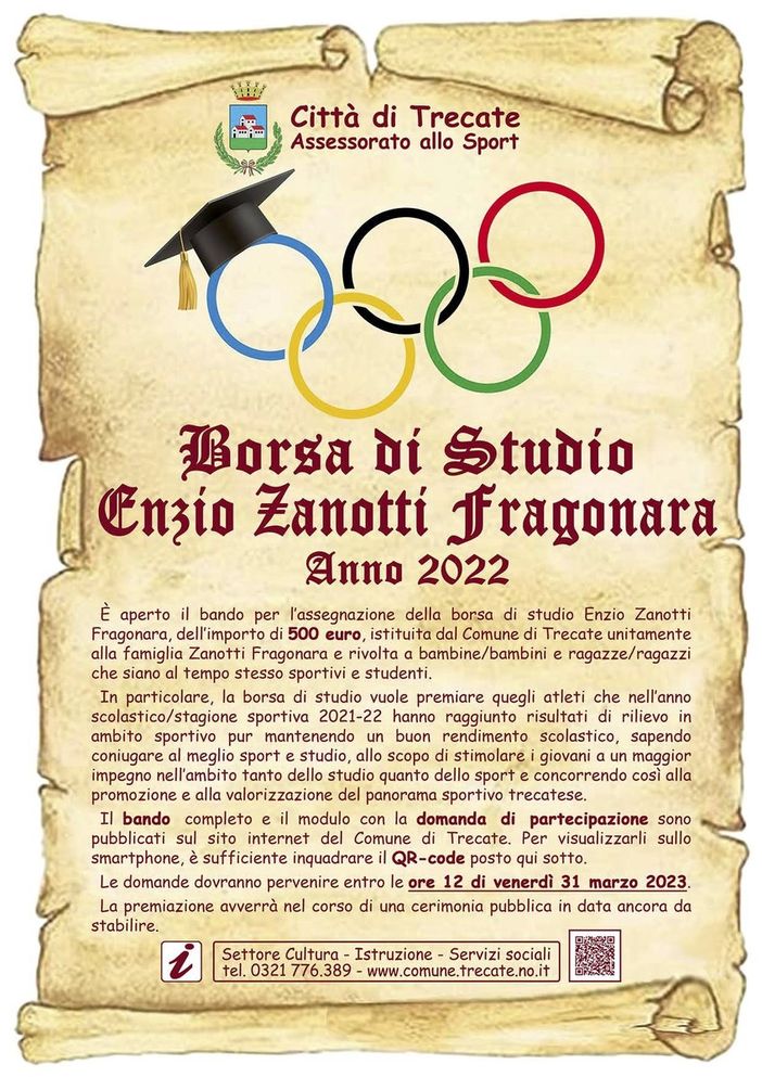 Borsa di studio “Enzio Zanotti Fragonara”: terza edizione dell’iniziativa rivolta a studenti sportivi meritevoli della citta’
