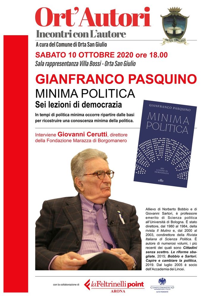 Per ‘Ort'Autori’  a Orta San Giulio sabato  Gianfranco Pasquino presenterà ‘Minima politica. sei lezioni di democrazia’
