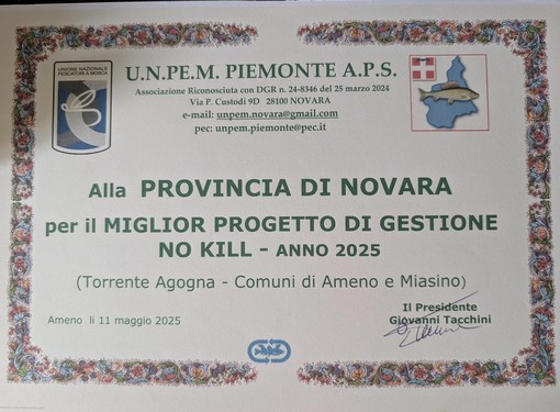 Premio al miglior progetto “No Kill” per la gestione del torrente Agogna