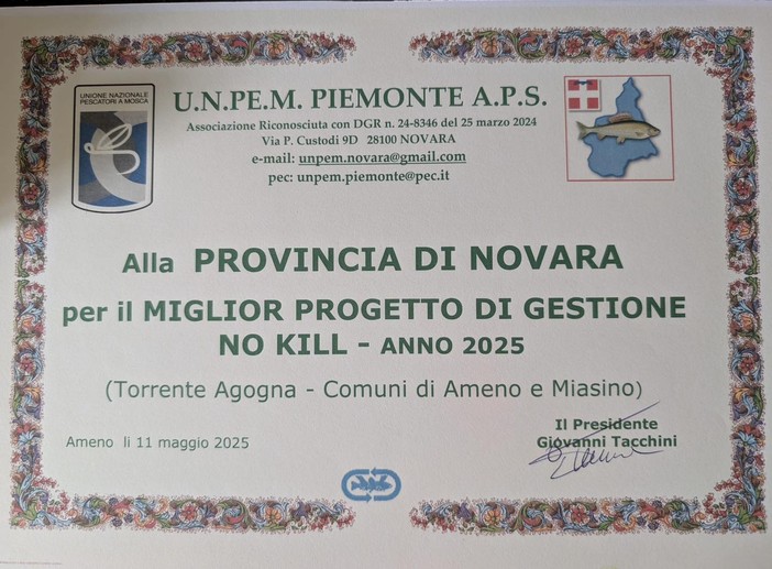 Premio al miglior progetto “No Kill” per la gestione del torrente Agogna