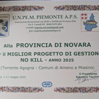 Premio al miglior progetto “No Kill” per la gestione del torrente Agogna