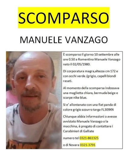 Romentino, apprensione per la scomparsa di Manuele Vanzago