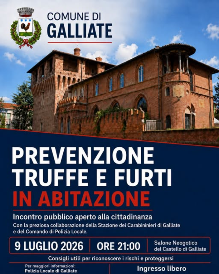 Sicurezza e prevenzione, il 9 luglio a Galliate un incontro pubblico contro truffe e furti in casa Sicurezza e prevenzione, il 9 luglio a Galliate un incontro pubblico contro truffe e furti in casa