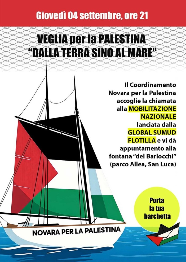 “Novara per la Palestina”, veglia in sostegno della Global Sumud Flotilla