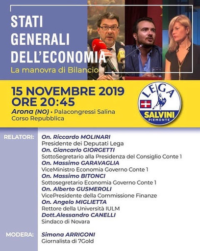 Il 15 novembre alle 21 presso il Palacongressi di Arona l'appuntamento “Gli stati generali dell'economia. La manovra di bilancio 2020”