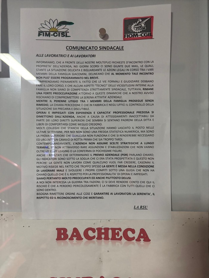 Giacomini S.p.A., attenzione dei sindacati sulla situazione aziendale: chiesto un confronto