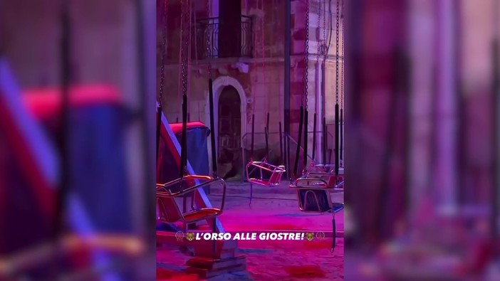 Un orso tra le giostre della festa di Villa Scontrone nell'Aquilano