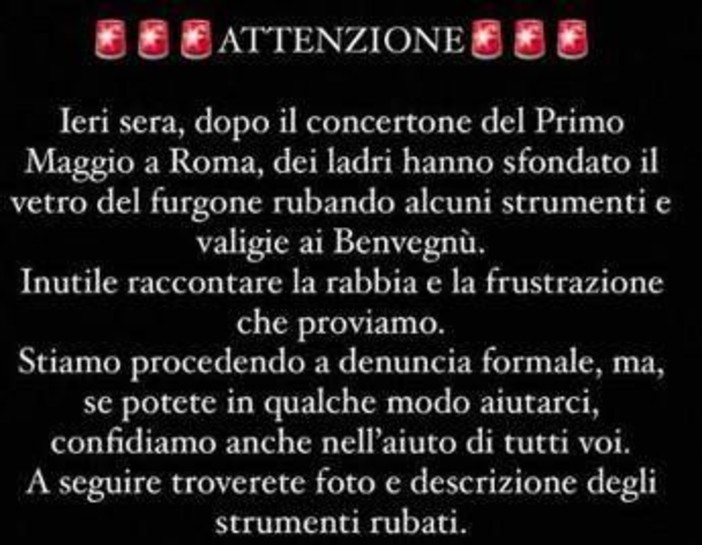 I Benvegnù: &quot;Ci hanno rubato gli strumenti, aiutateci a trovarli&quot;