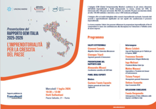 Rapporto Gem Italia 2025-26 di Universitas Mercatorum, tasso attivazione 11%, Italia 30ma su 48 paesi Rapporto Gem Italia 2025-26 di Universitas Mercatorum, tasso attivazione 11%, Italia 30ma su 48 paesi