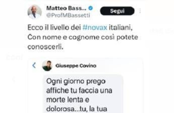 &quot;Una morte lenta e dolorosa&quot;, minacce e insulti a Bassetti: lui pubblica post dell'autore